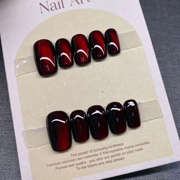 Black red cat eye art nails, acrylic press on nails, stick on cat eye nails, reusable nails, jelly fake nails, glitter gel nails