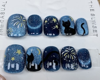 Cat firework manicure, blue cat eye galaxy nails, handmade press on nails, wearable nails, gel nail sets, fake nail patches