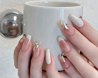 Classic French nails, diamond nails, gentle bridal nails, handmade customized press on nails, nail patches