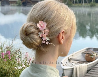 Pink Flower Hair Pin | Handmade Floral Hair Clip Pearl Detail | Elegant Bridal Hair Accessory | Wedding Prom Hair Piece Gift
