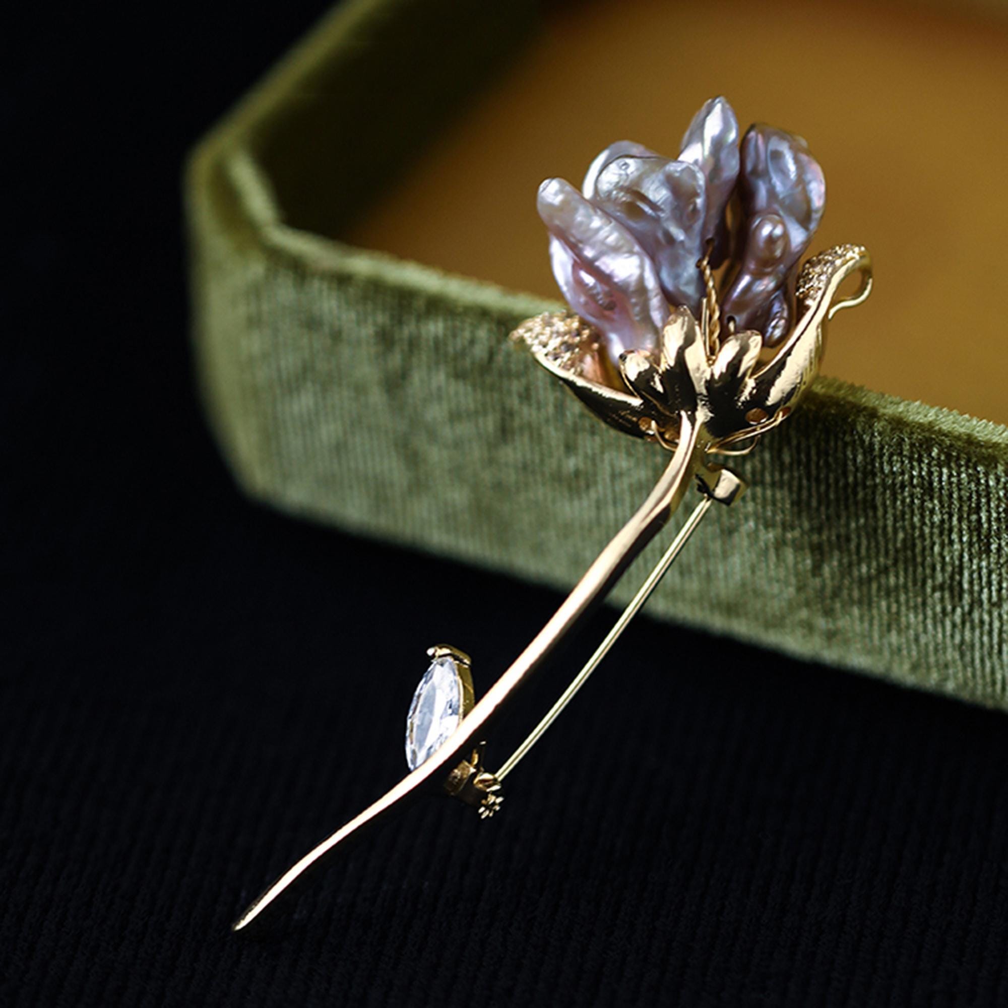 Tulip Baroque Pearl Brooch: Purple Corsage Pin With Zirconia - Etsy