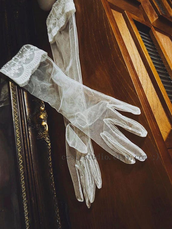 White Tulle Lace Opera Gloves, Sheer Bridal Wedding Gloves, Elegant Formal Styling