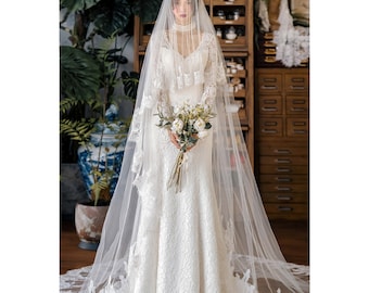 Lace Cathedral Wedding Veil: Romantic French Trailing Bridal Veil