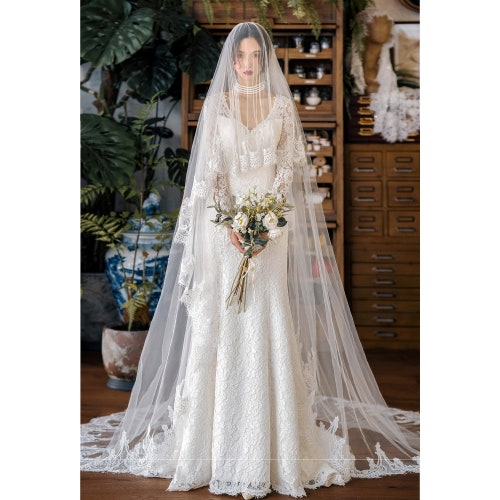 Lace Cathedral Wedding Veil: Romantic French Trailing Bridal 