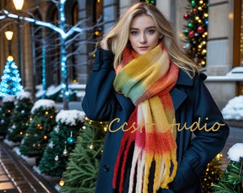 Heller Regenbogen Mohair Karierter Schal, Warmer Winter Schal