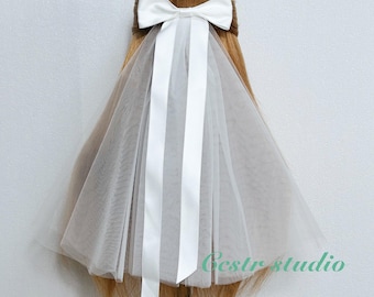 Bridal Bow Veil: Custom Embroidered Satin Ribbon, Tulle Wedding Hair Accessory
