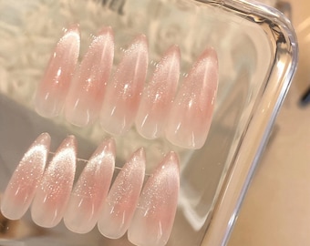 Handmade Cat Eye Press On Nails: Blush Gradient Bridal Nails