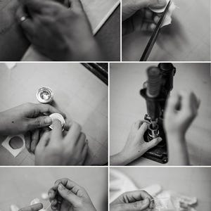 May include: A black and white photo collage showing the process of crafting fabric buttons. The steps include tracing patterns on fabric, cutting circular pieces, assembling metal button components, using a press tool, and hand sewing.