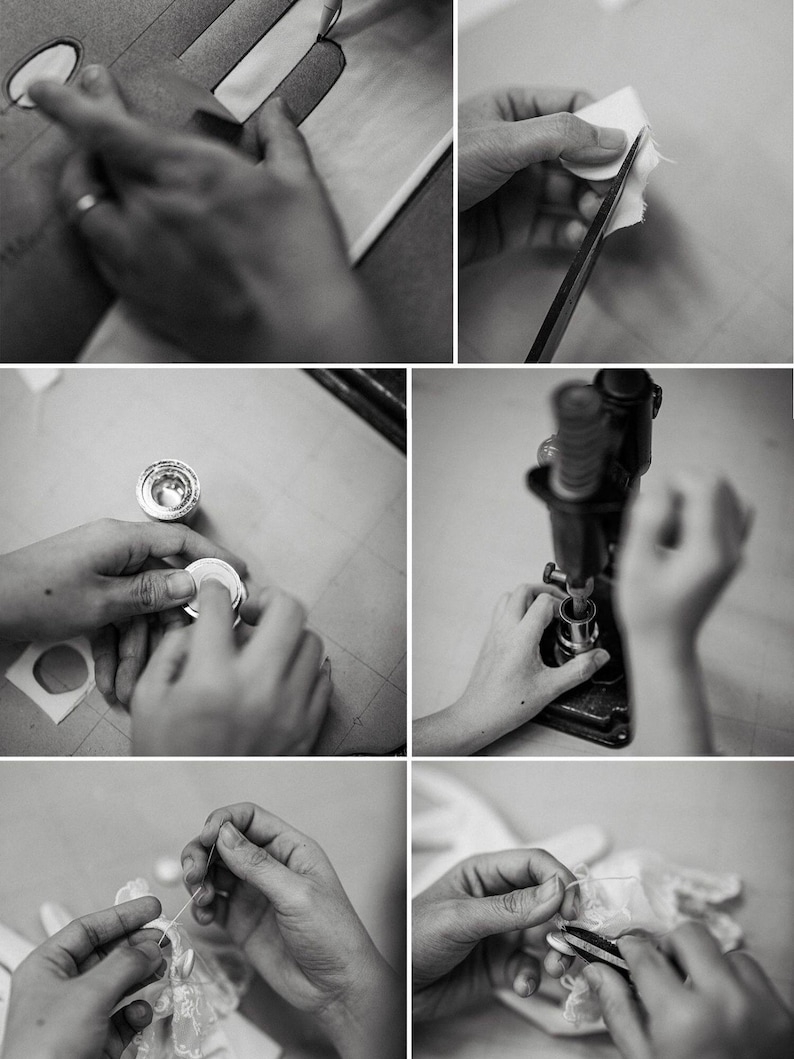 May include: A black and white photo collage showing the process of crafting fabric buttons. The steps include tracing patterns on fabric, cutting circular pieces, assembling metal button components, using a press tool, and hand sewing.