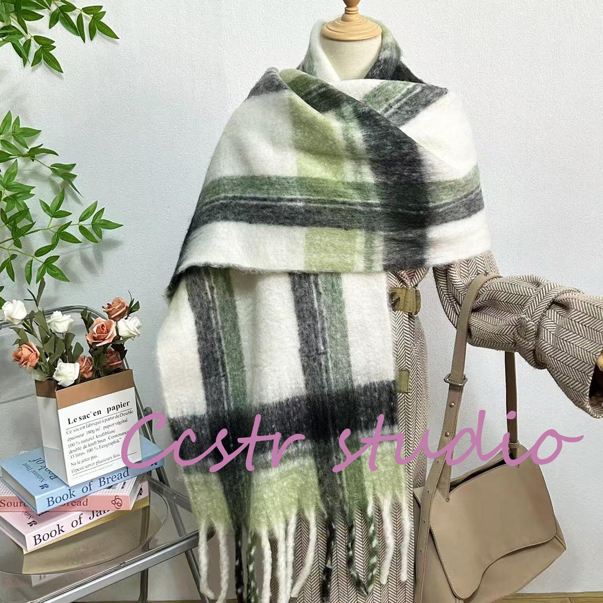Green Plaid Mohair Scarf, Tassel Shawl, Winter Scarf - Etsy Israel