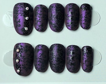 Gothic Purple Lace Press On Nails: Matte Floral Pearl Nail Set