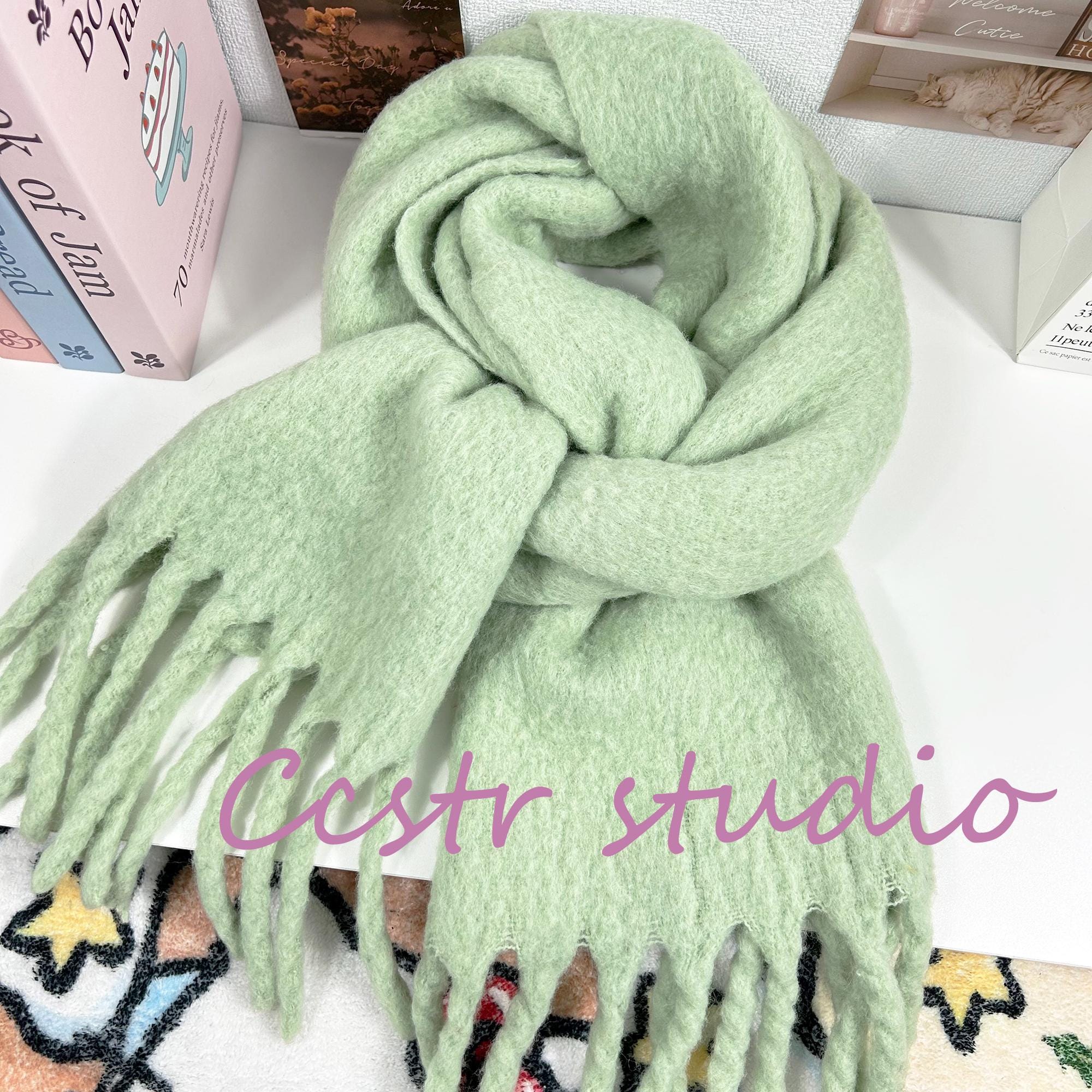 Matcha Green Mohair Scarf: Tassel Shawl, Winter Warm Scarf - Etsy