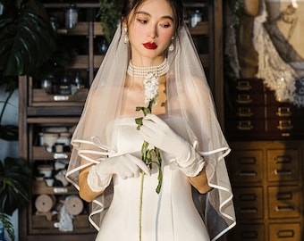 Satin Ribbon Edge Wedding Veil: Bridal Cascading Veil