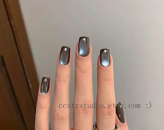 Dark Grey Star Cat Eye Press On Nails | Silver Galaxy Set