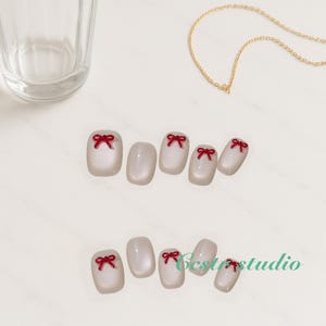 Red Bow Pearl Press On Nails | Glossy White Handmade Nail Set | Cute Oval Fake Nails | Reusable Elegant Nail Art | Gift for Her