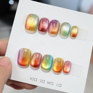 Rainbow Cat Eye Nails, Candy Glass Bead Cat Eye Press on Nails ...