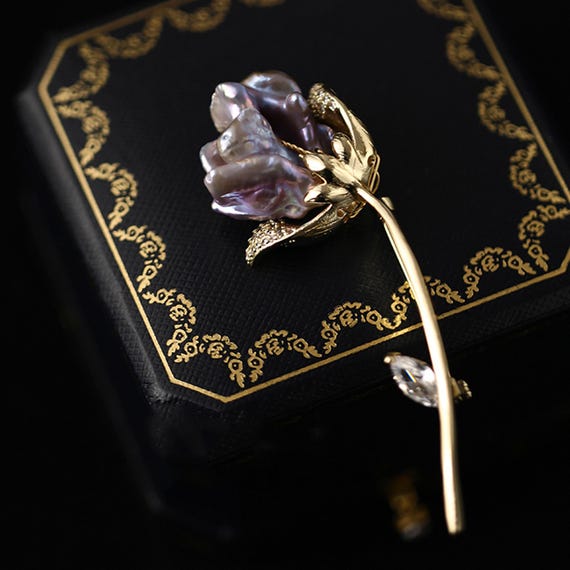 Tulip Baroque Pearl Brooch: Purple Corsage Pin With Zirconia - Etsy