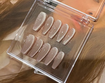 Handmade Pink Diamond French Cat Eye Press On Nails