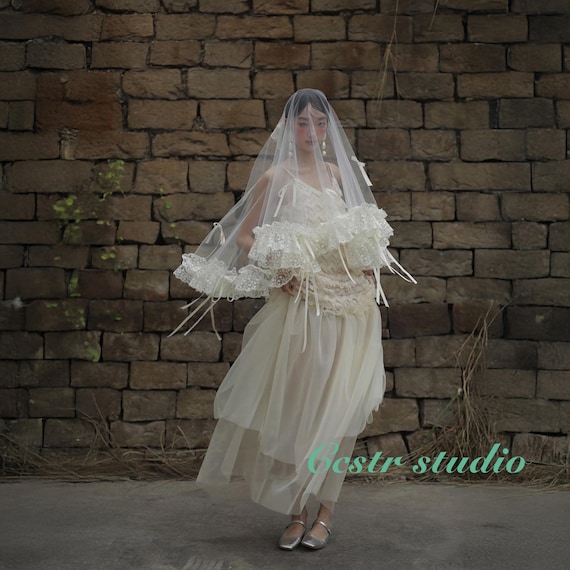 Lace Ruffle Bridal Veil: Vintage Embroidered Wedding Veil with Bow