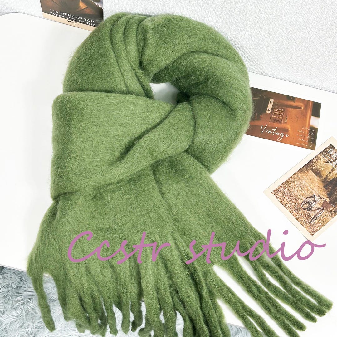 Dark Green Mohair Scarf: Soft Tassel Shawl, Winter Warm Scarf - Etsy