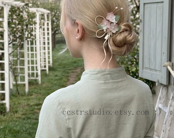 Pink Floral Hair Clip Set | Ribbon Flower Pearl Barrette Accessory