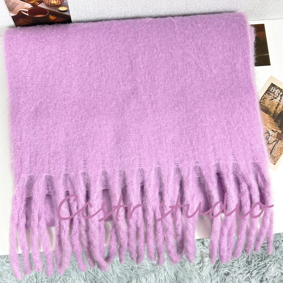 Handmade Purple Mohair Scarf, Lilac Tassel Shawl, Winter Accessory