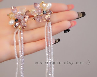 Purple Crystal Tassel Earrings, Floral Beaded Drop, Evening Wear Statement Jewelry