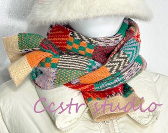 Handmade Rainbow Plaid Knitted Scarf: Wool Blend Winter Shawl