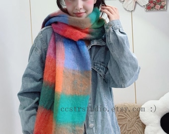 Rainbow Plaid Mohair Scarf - Long Tassel Winter Shawl - Etsy