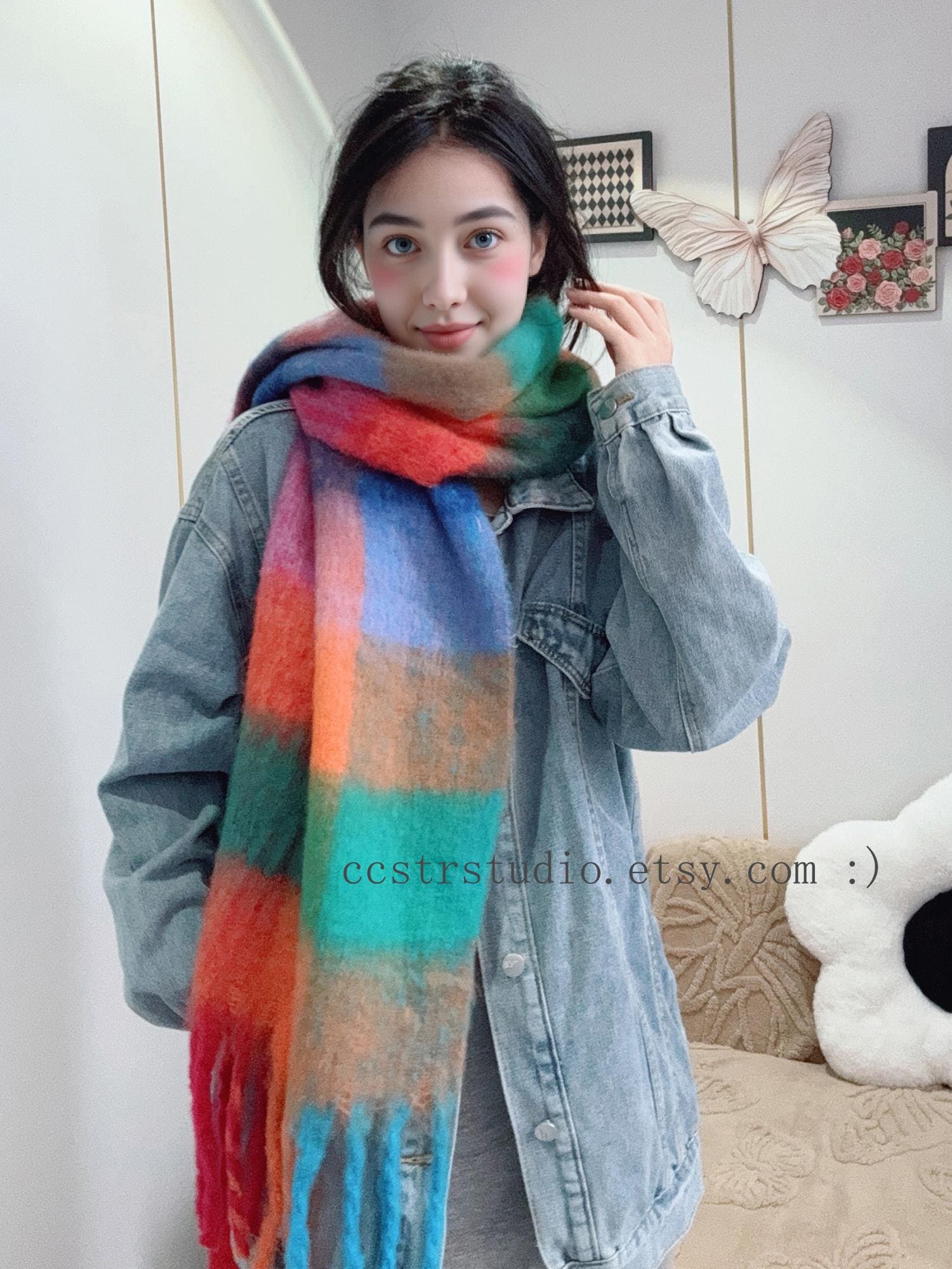 Rainbow Plaid Mohair Scarf - Long Tassel Winter Shawl - Etsy