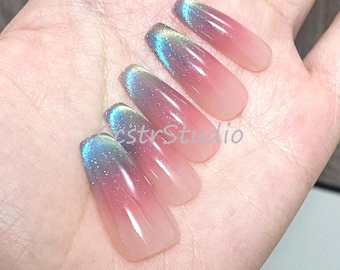 Blue Green Cat Eye Press On Nails: French Smile, Custom Wearable Nail Art