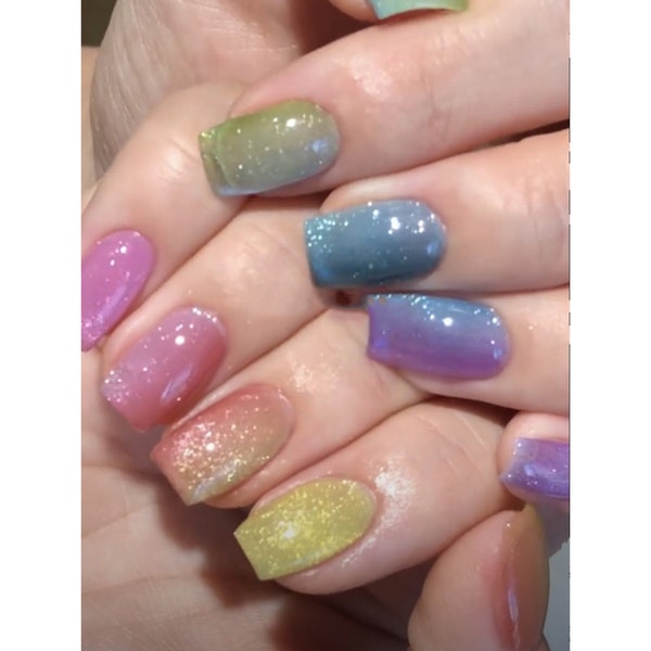 Rainbow cat eye nails, glittery colored nails, new summer press on nails, fake nail patches, handmade nails