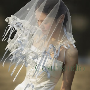 Blue Lace Bow Bridal Veil: Pearl Embellished Short Wedding Veil