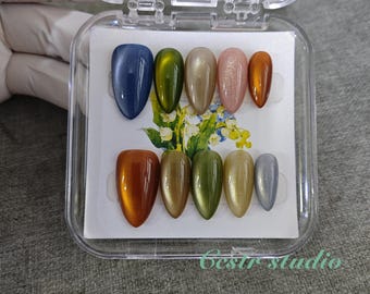 Rainbow Cat Eye Press On Nails: Glossy Almond Reusable Nail Set