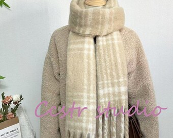 Beige Plaid Mohair Scarf: Soft Winter Shawl