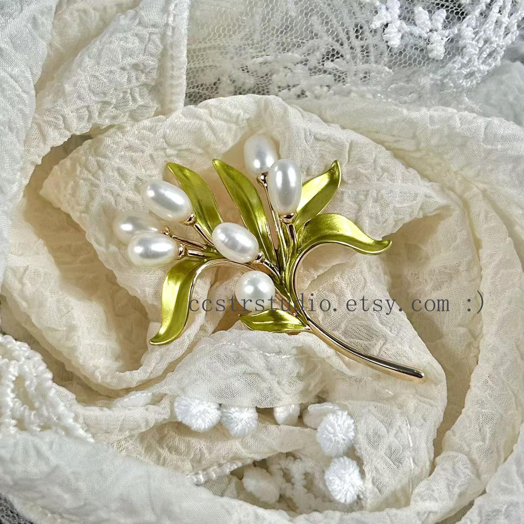 Gold Olive Branch Brooch, Green Leaf Pearl Lapel Pin, Nature Botanical ...