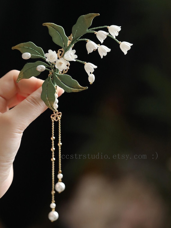 Handcrafted Lily of the Valley Hair Pin, Pearl Tassel Bridal Clip