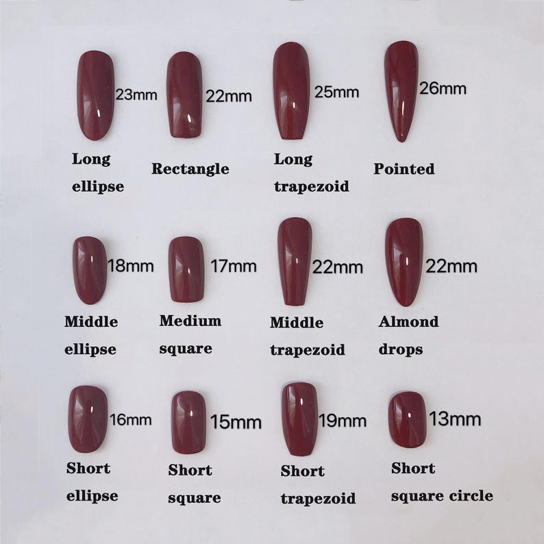 May include: A chart showing different nail shapes and sizes. The shapes include long ellipse, rectangle, long trapezoid, pointed, middle ellipse, medium square, middle trapezoid, almond drops, short ellipse, short square, short trapezoid, short square circle. The sizes are measured in millimeters.