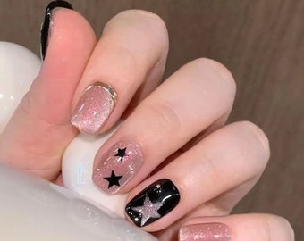 Cute star pink cat eye nails, black nails, handmade wearable nails, cat eye short nails, y2k nail patches