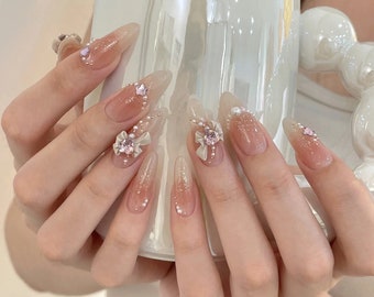 Gorgeous bridal nails, Blush fine glitter gradient nails, Bow pearl wear nails, Handmade nail art patches, Pink white nails, Birthday gift