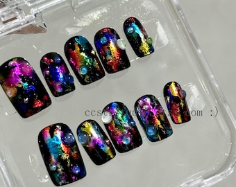 Pink Purple Butterfly Press On Nails: Gold Foil Floral Bridal Nail Set