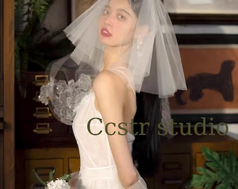 Handmade Shoulder Length Double Veil: Minimalist Bridal Headpiece