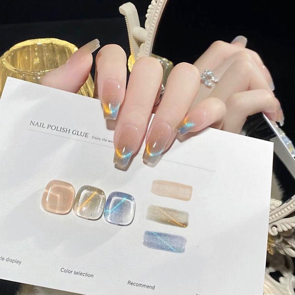 Rainbow cat eye nails, handmade custom nail art, blush two-tone cat eye wear nail, removable nail patch