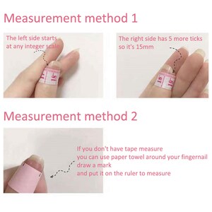 May include: Two methods for measuring finger size using a tape measure. The first method shows how to measure the finger at any integer scale on the tape measure. The second method shows how to use a paper towel to measure the finger and then use a ruler to measure the paper towel.