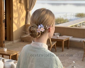 Haarspeld roze bloemen vlinder, pastelkleurige haaraccessoire, pin romantische stijl