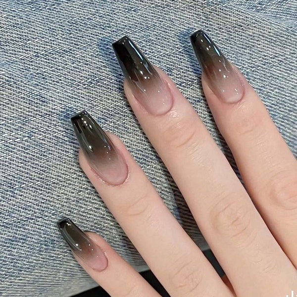 Black ombre gradient nails, stylish black press on nails, handmade fake nails, minimalist glue on nails