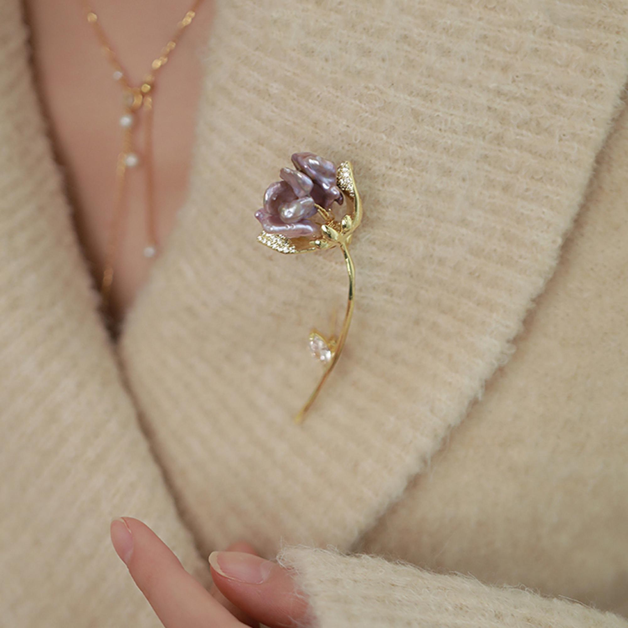 Tulip Baroque Pearl Brooch: Purple Corsage Pin With Zirconia - Etsy