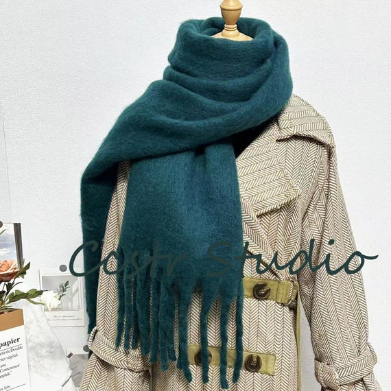Dark Green Mohair Tassel Scarf: Winter Shawl - Etsy New Zealand