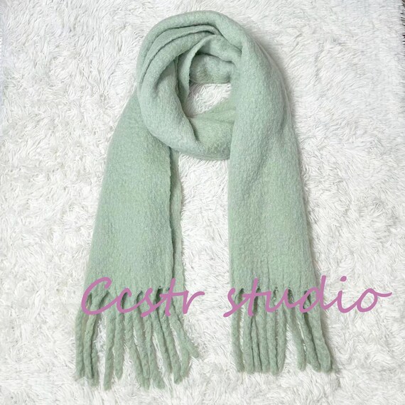 Matcha Green Mohair Scarf: Tassel Shawl, Winter Warm Scarf - Etsy