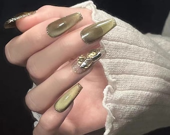 Green Cat Eye Press On Nails: Gold Diamond Handmade Bridal Nails
